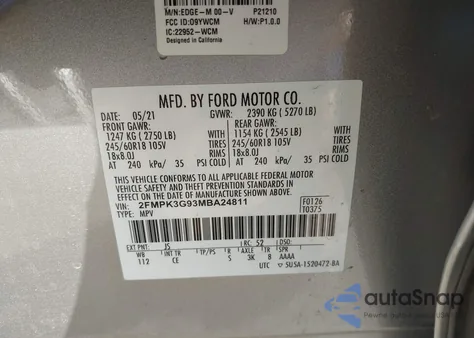 2021 Ford Edge Se z USA, uszkodzony, nr VIN 2FMPK3G93MBA24811